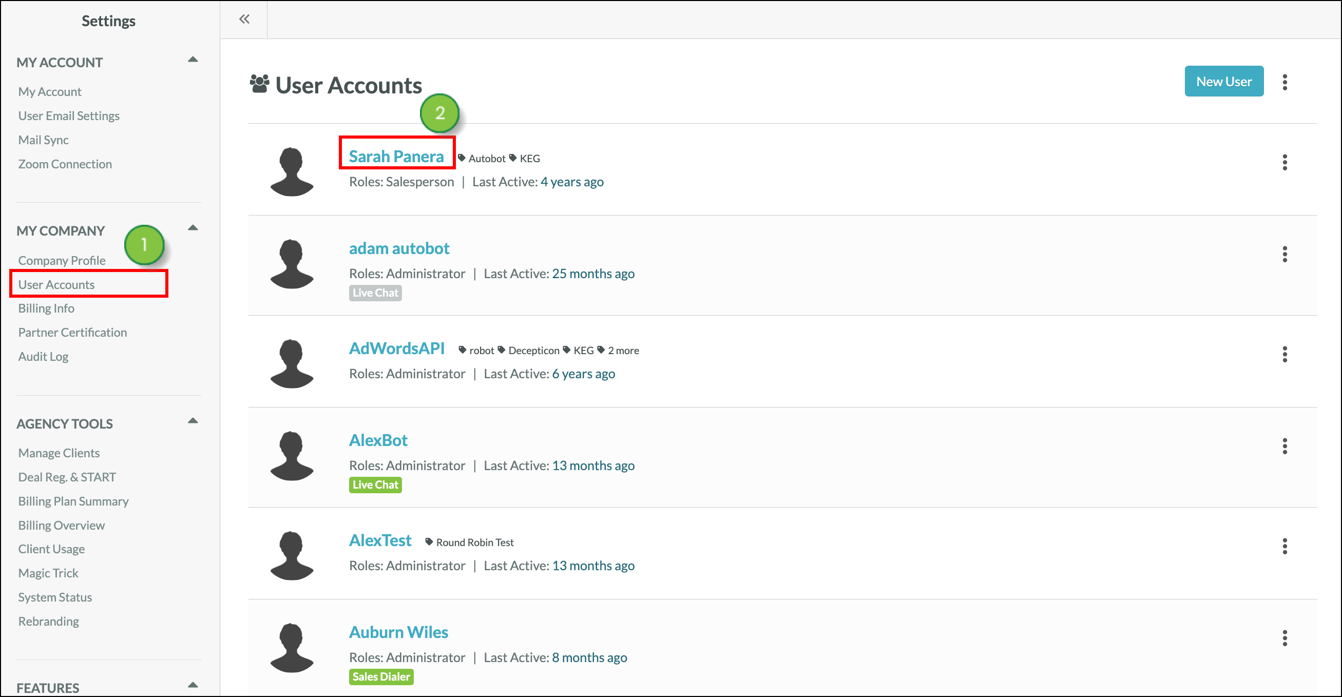 Click the name of the user to manage