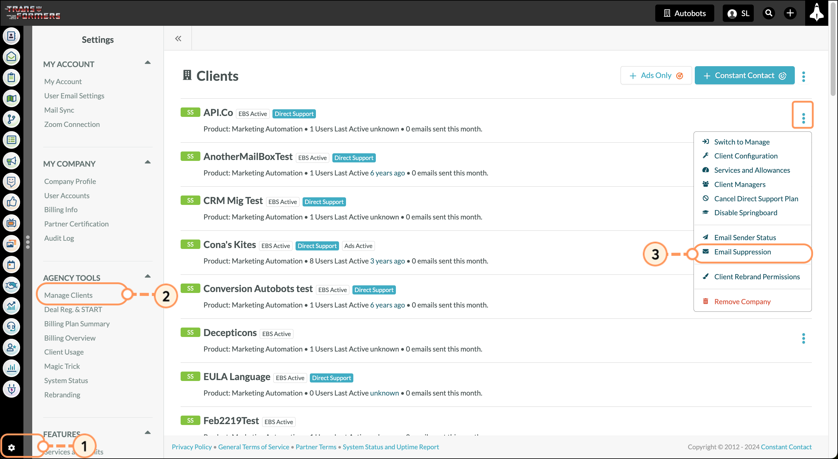 Click the Settings gear icon then select Manage Clients