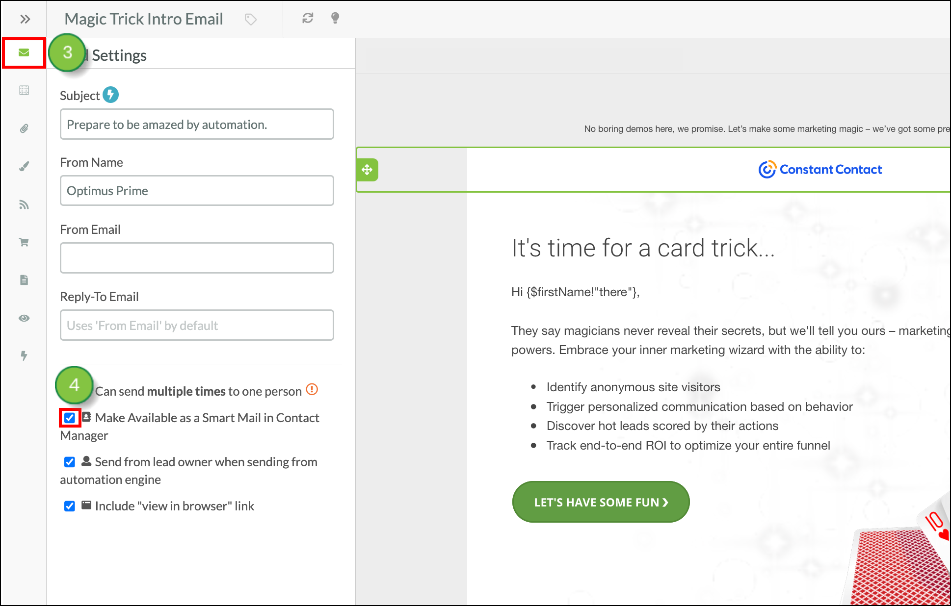 Click the Send Settings email icon then check the SmartMail box