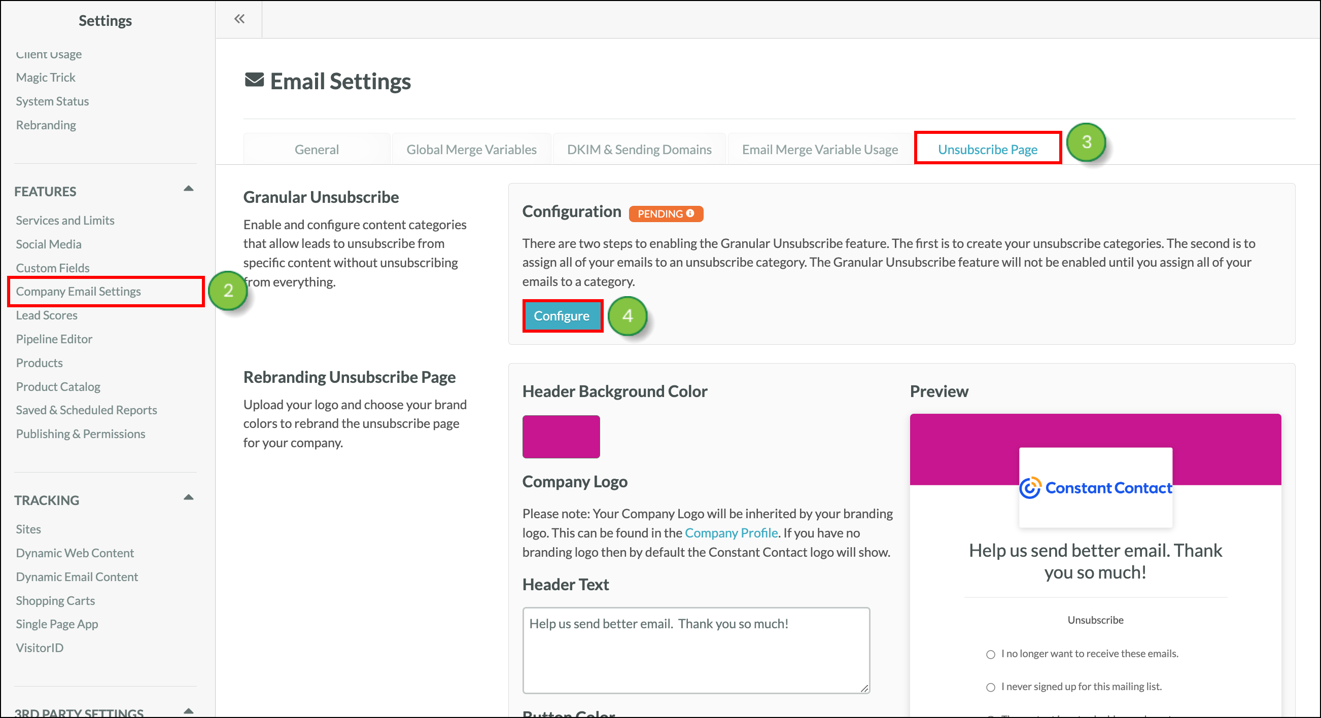 Click the blue Configure button in the Granular Unsubscribe tab
