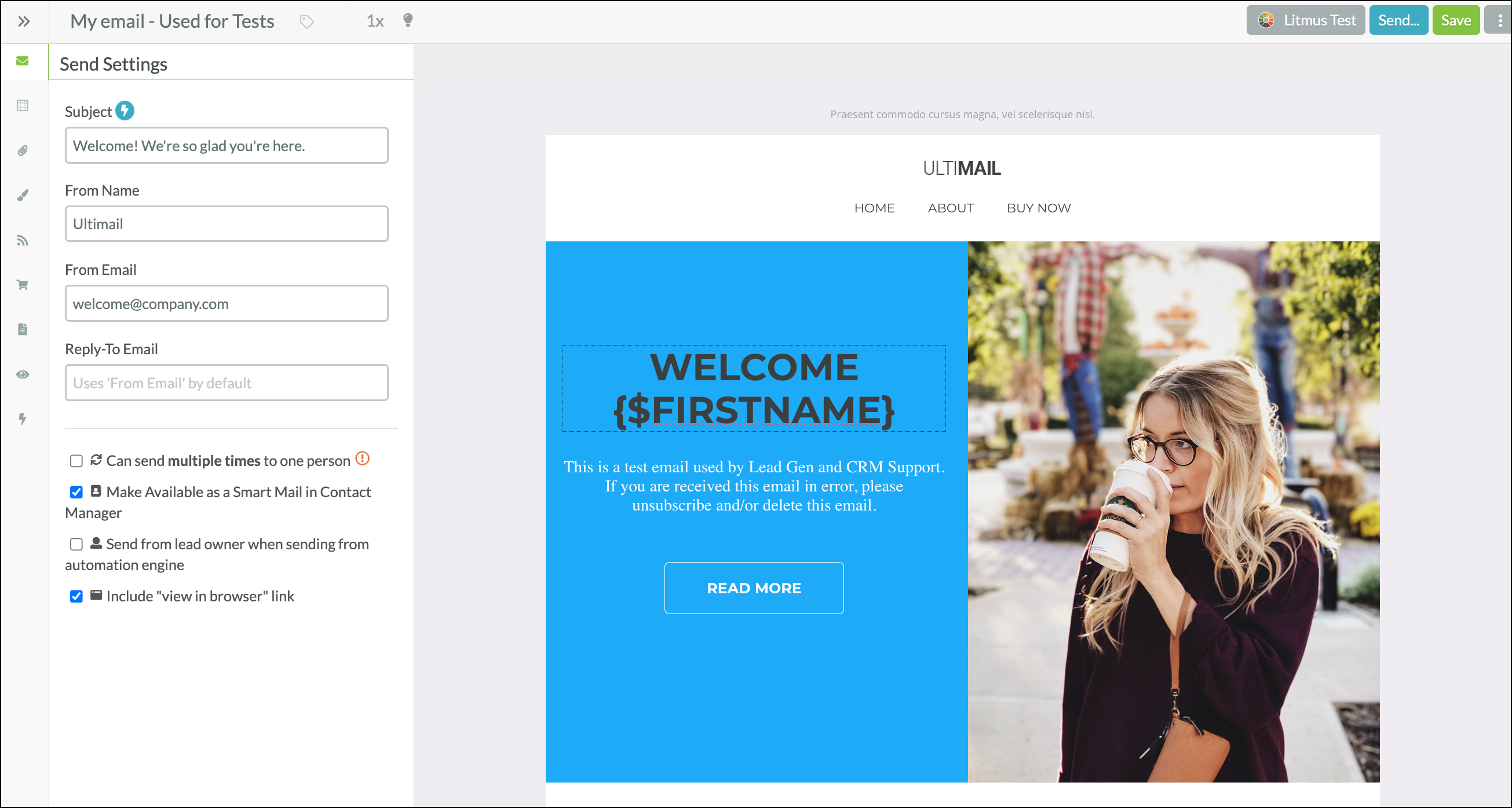 Example of an email with Send Settings being displayed