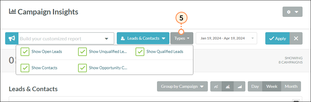 Select lead and contact types