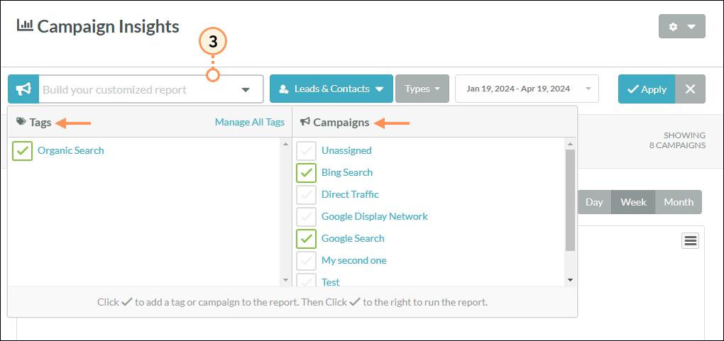 Select tags and campaigns