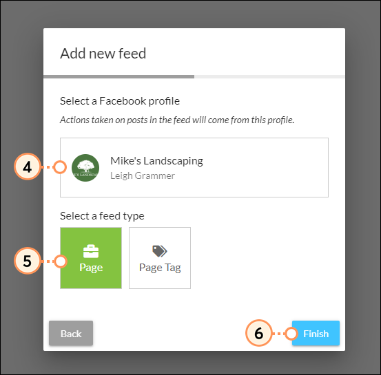 Choose a facebook profile and a feed type