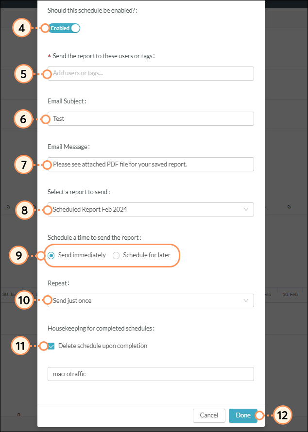 Choose settings for scheduled traffic sources report