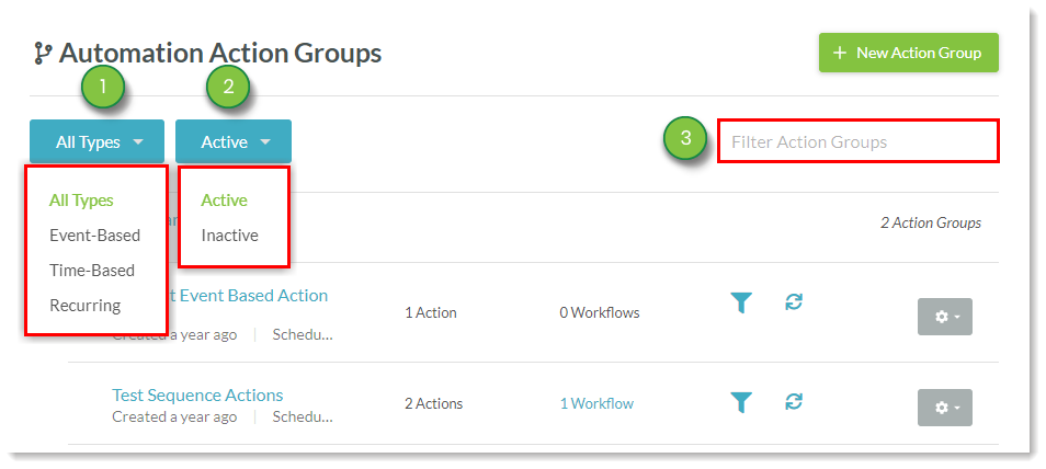 On the Action Group Page you'll have various options on how to sort and filter Action Groups.
