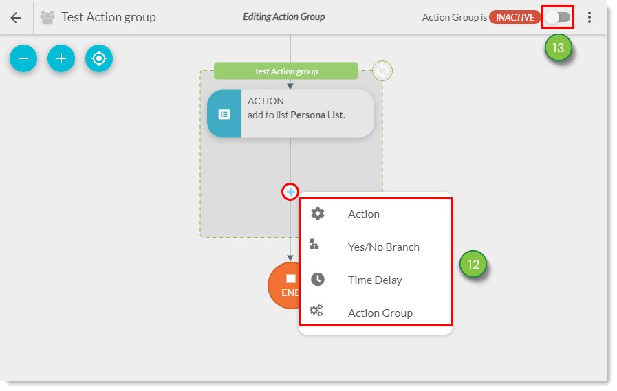 Add additional items to the action group as needed then click active.
