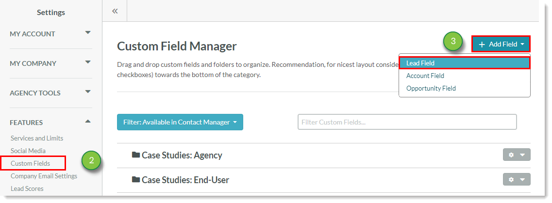 Choosing Add field in the custom field manager