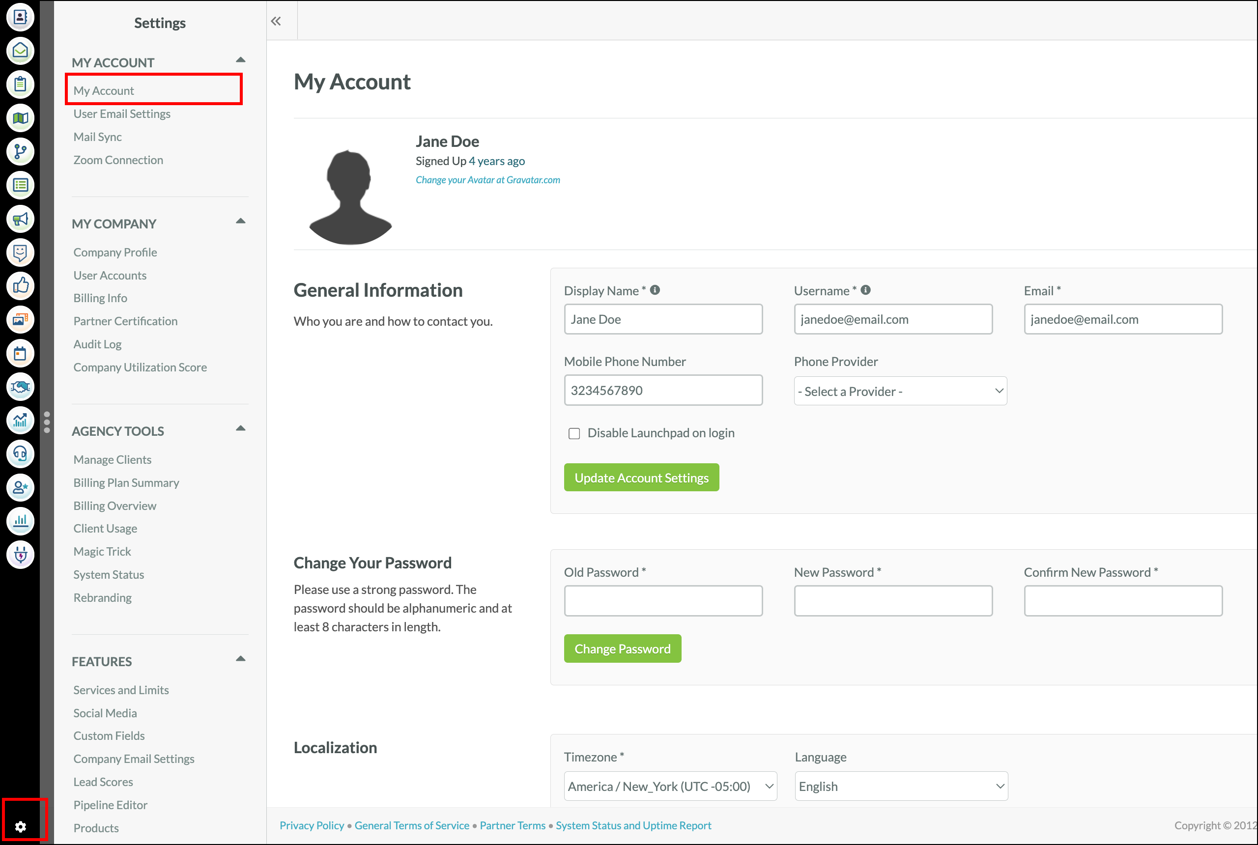 Left side navigation menu with list of options
