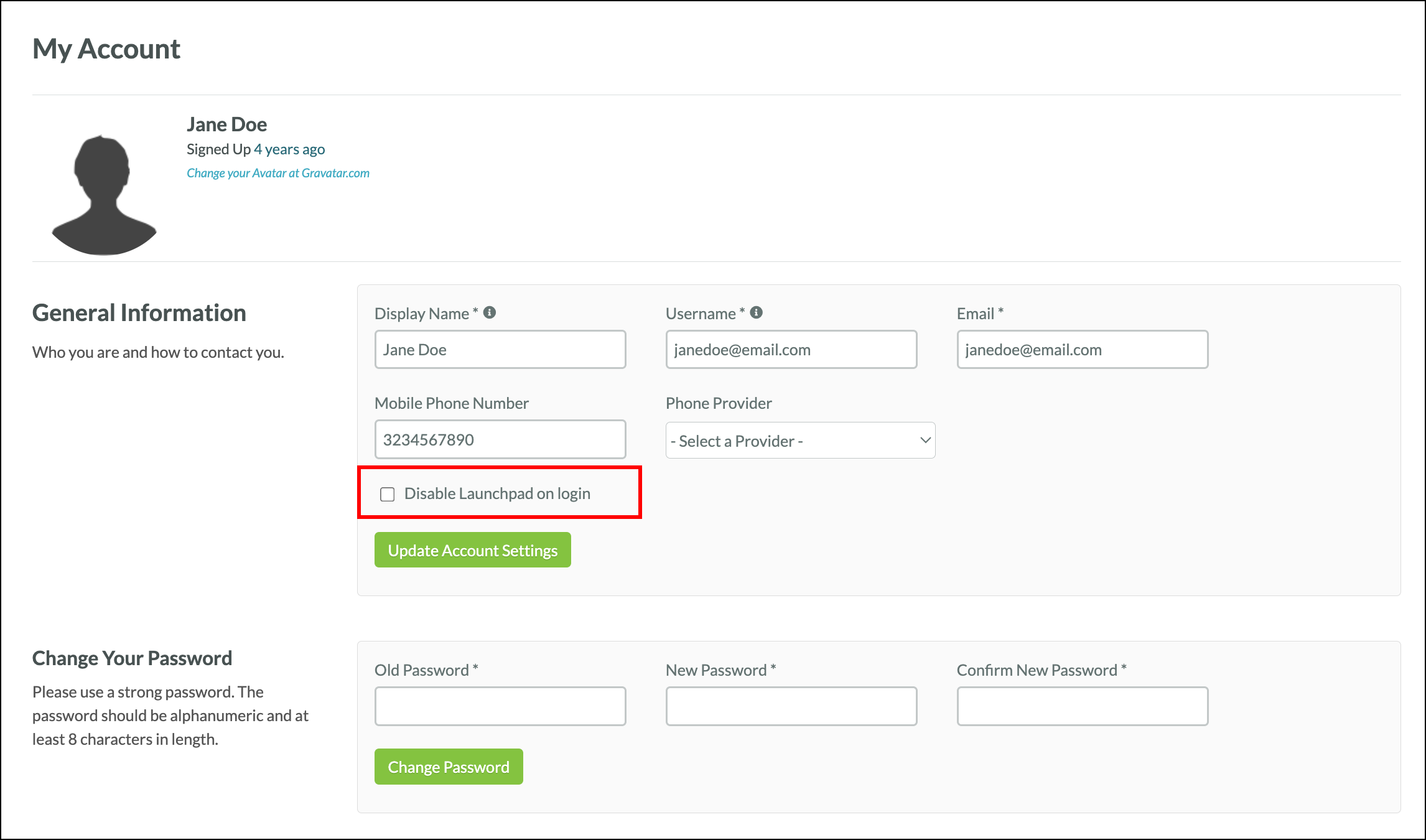 Checkbox above the green Update Account Settings button