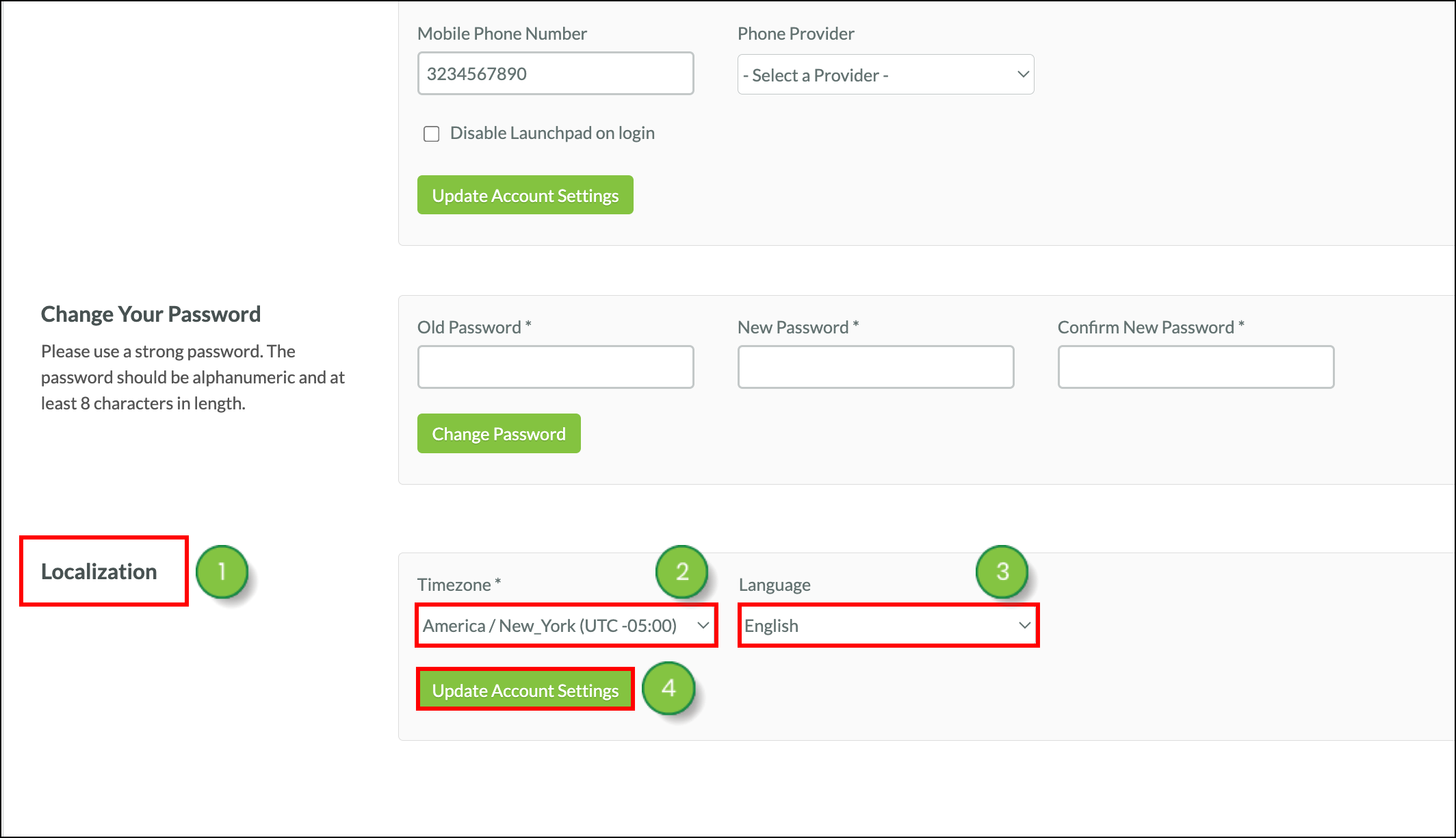 Dropdown menu and green Update Account Settings button