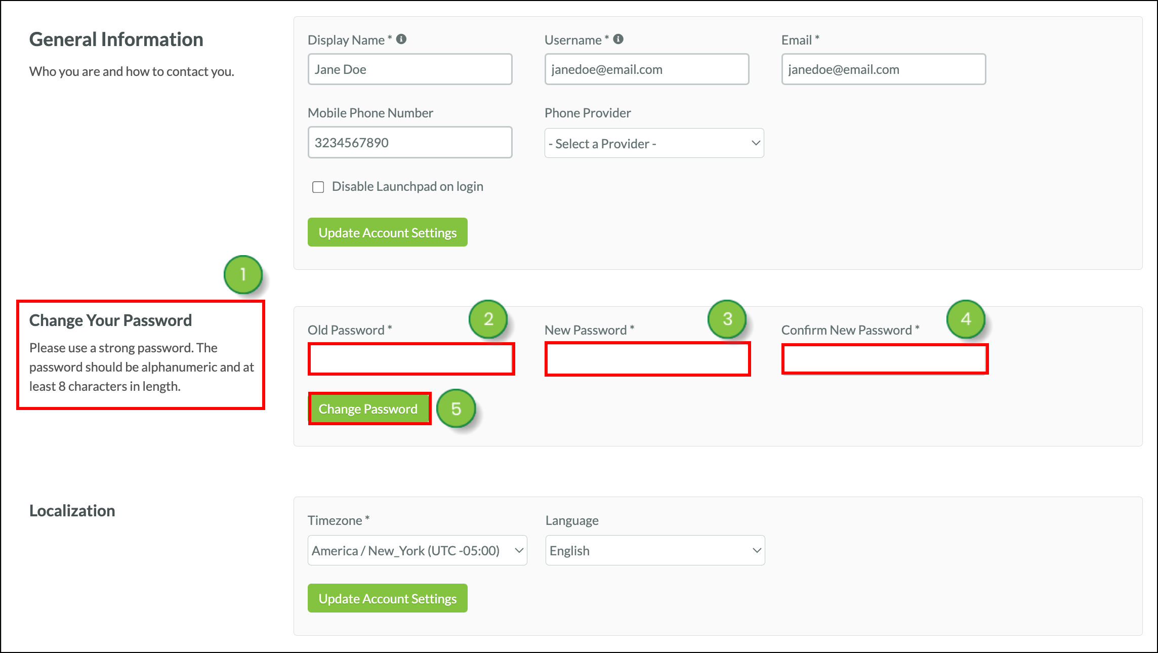 Various password fields and green Change Password button