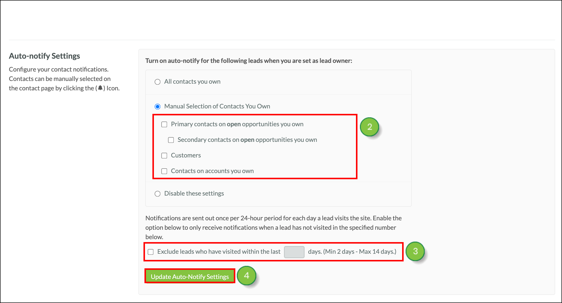 Submit using green 'Update Auto-Notify Settings' button
