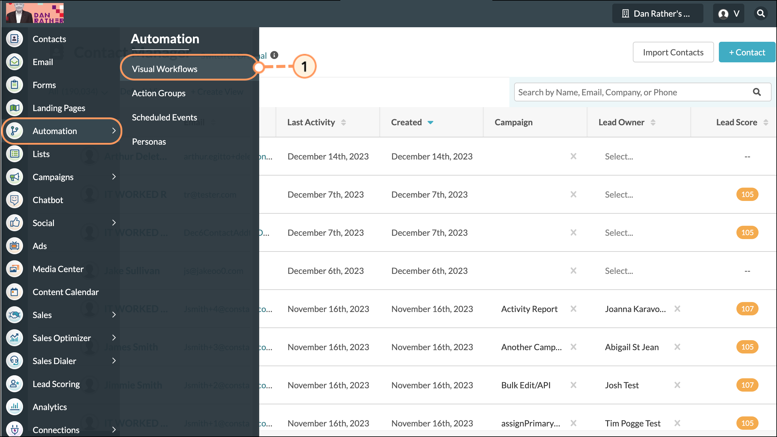 Click Automations then Visual Workflows