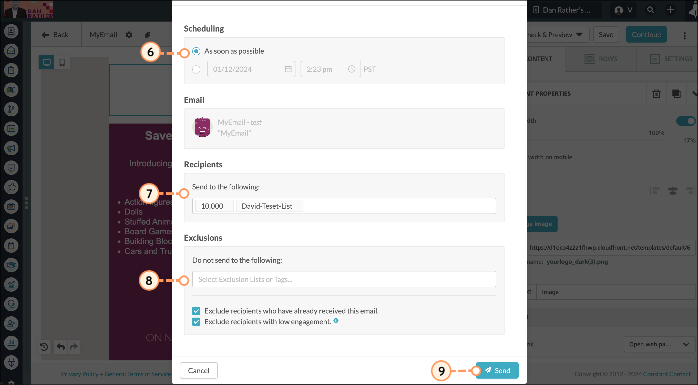 Set send settings then click the blue Send button