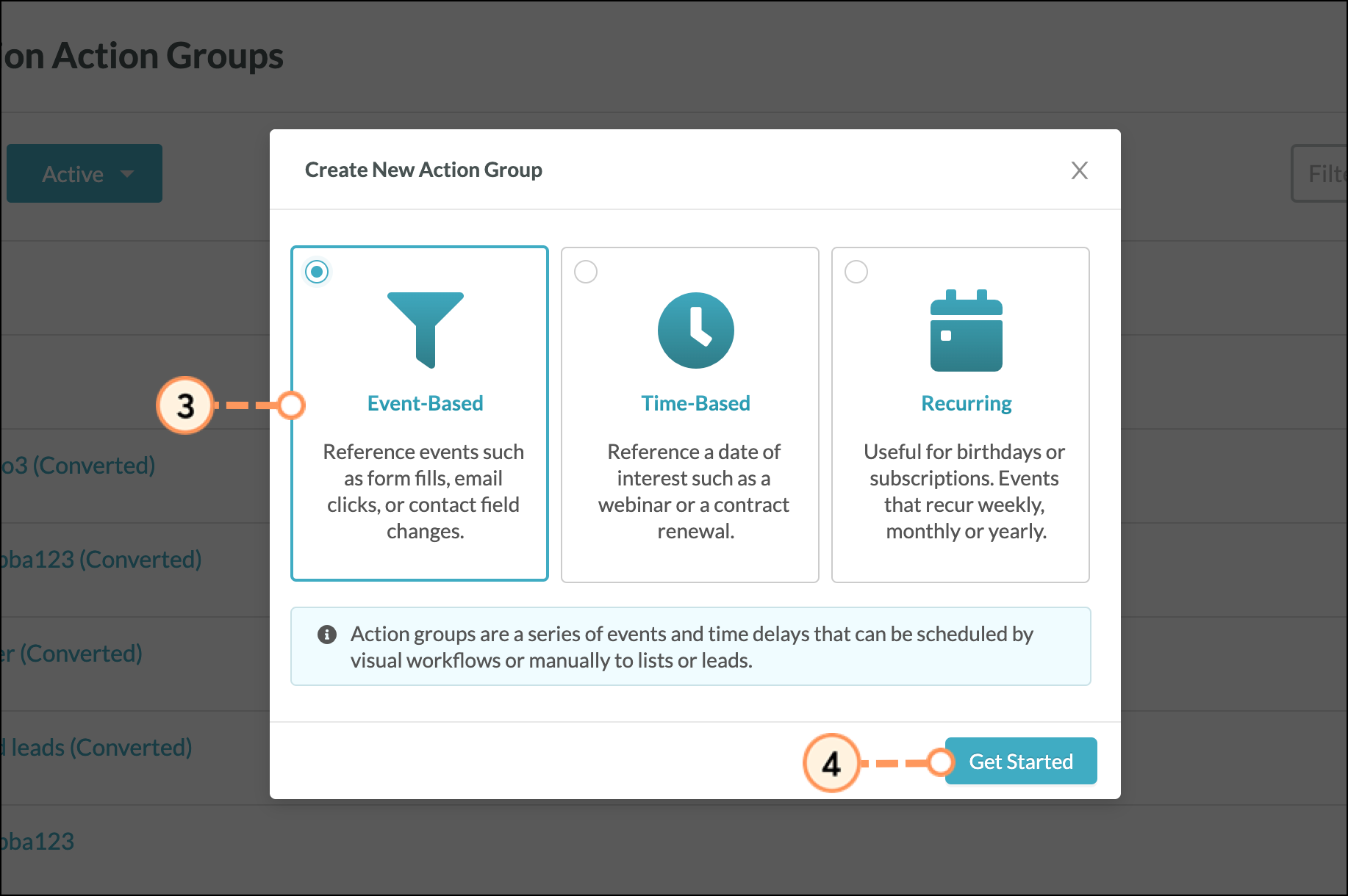 Select Event Based action group then the blue Get Started button