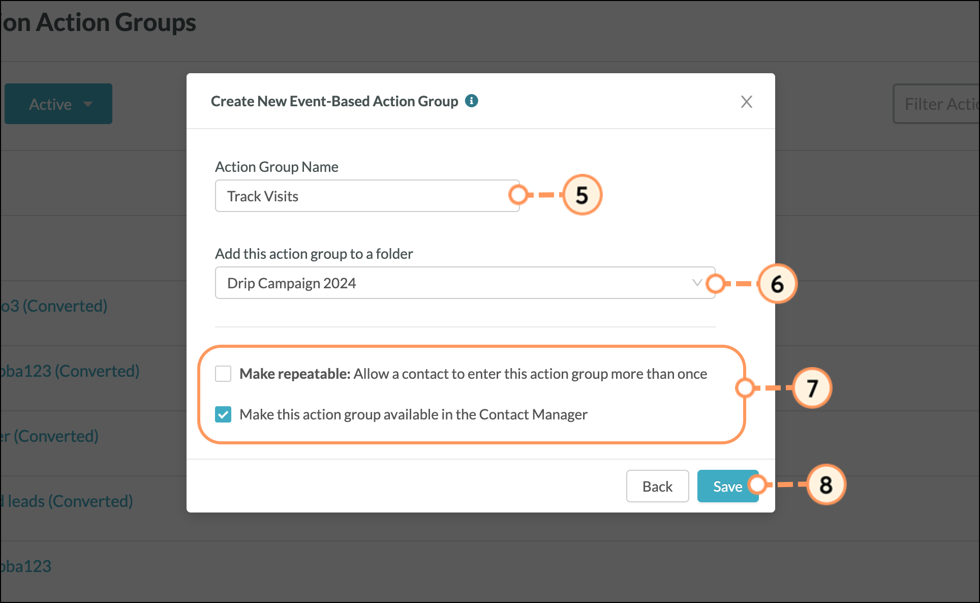 Choose your action group settings then click the blue Save button