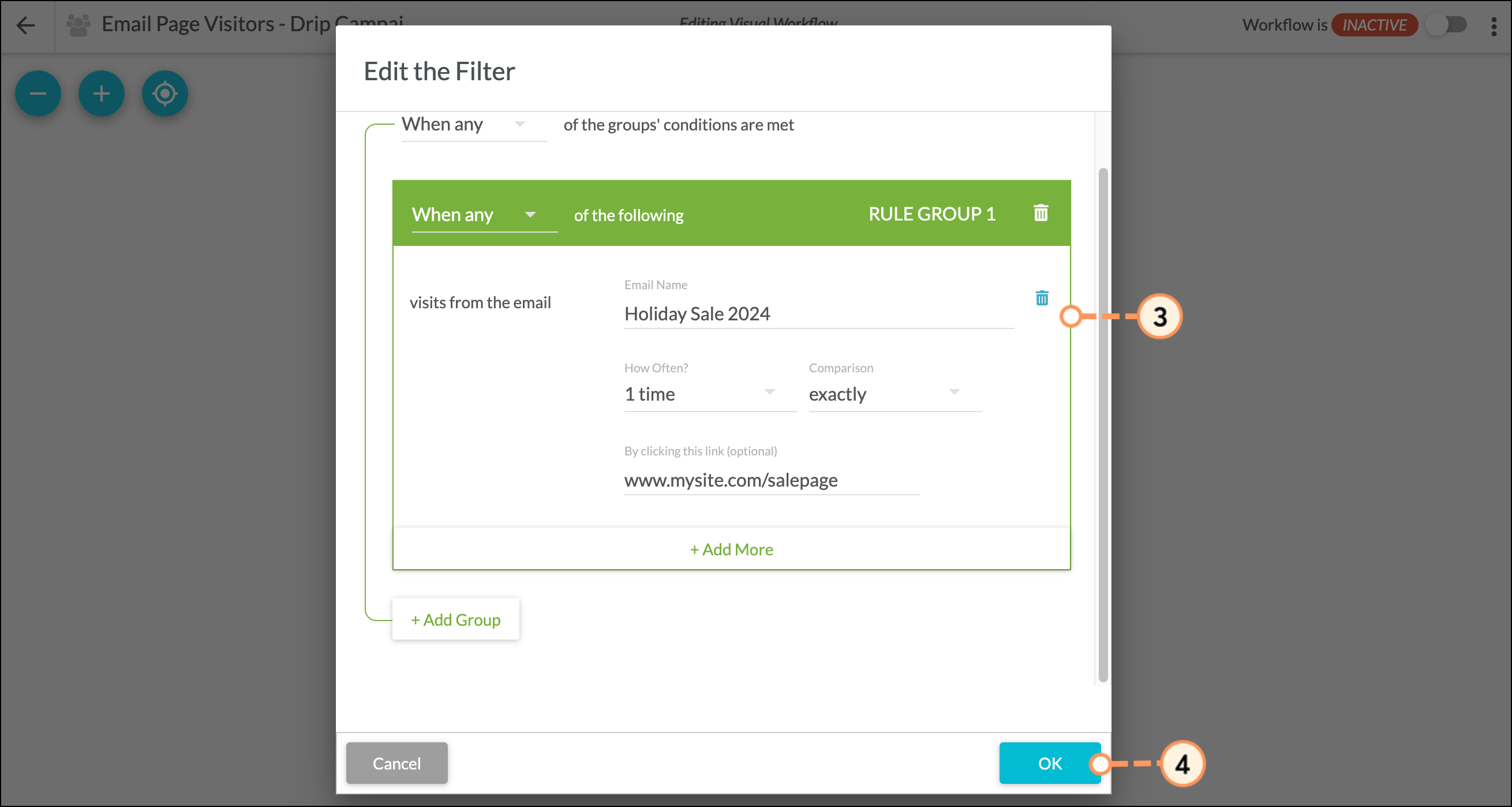 Configure the filter then click the blue OK button