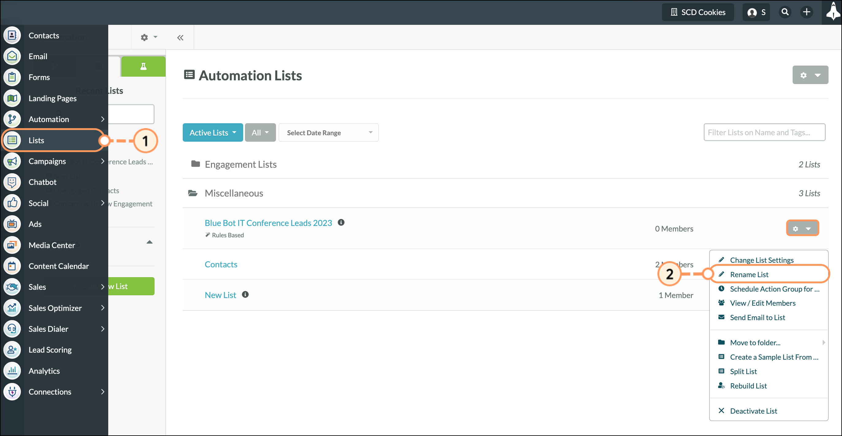 Click Lists in the left corner, then click the Settings icon and select Rename