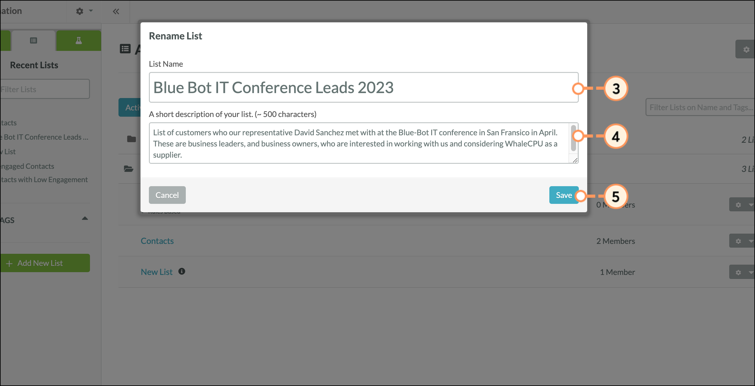 Enter a new list name and description then click the blue save button