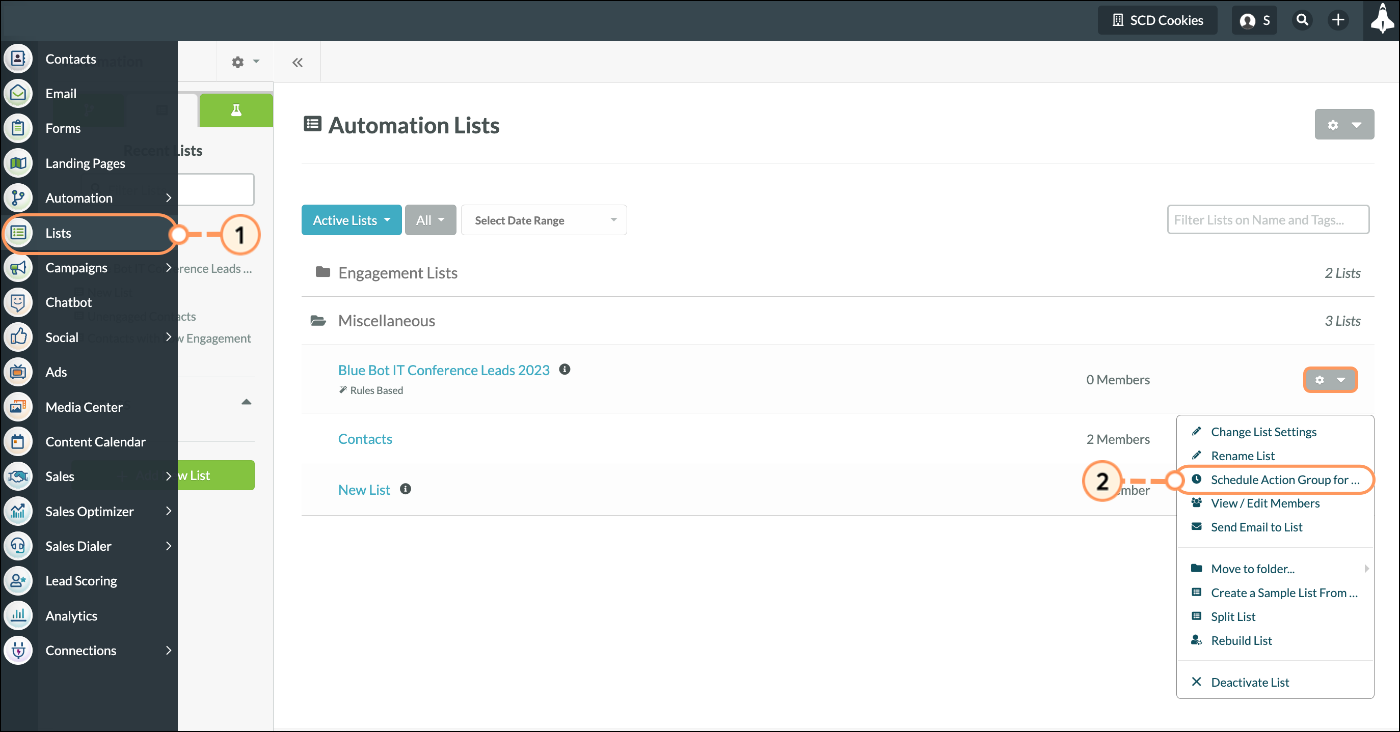 Click Lists from the left toolbar then the gear icon to open Action Group details
