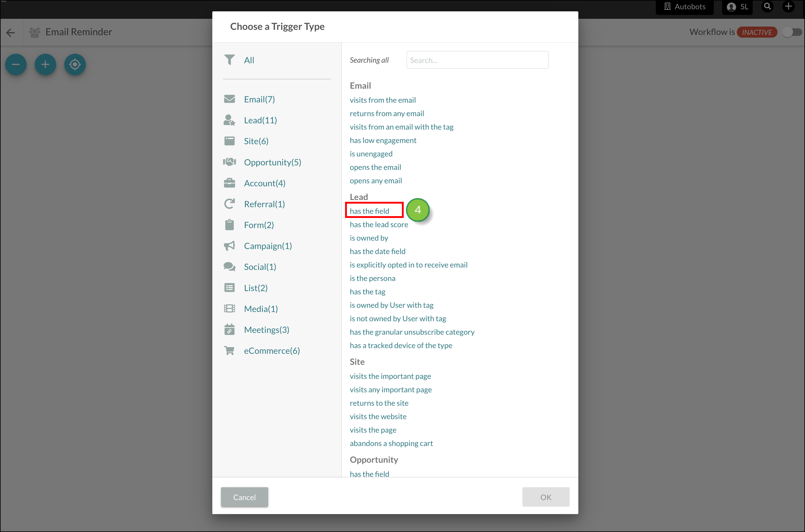 Popup with list of available fields