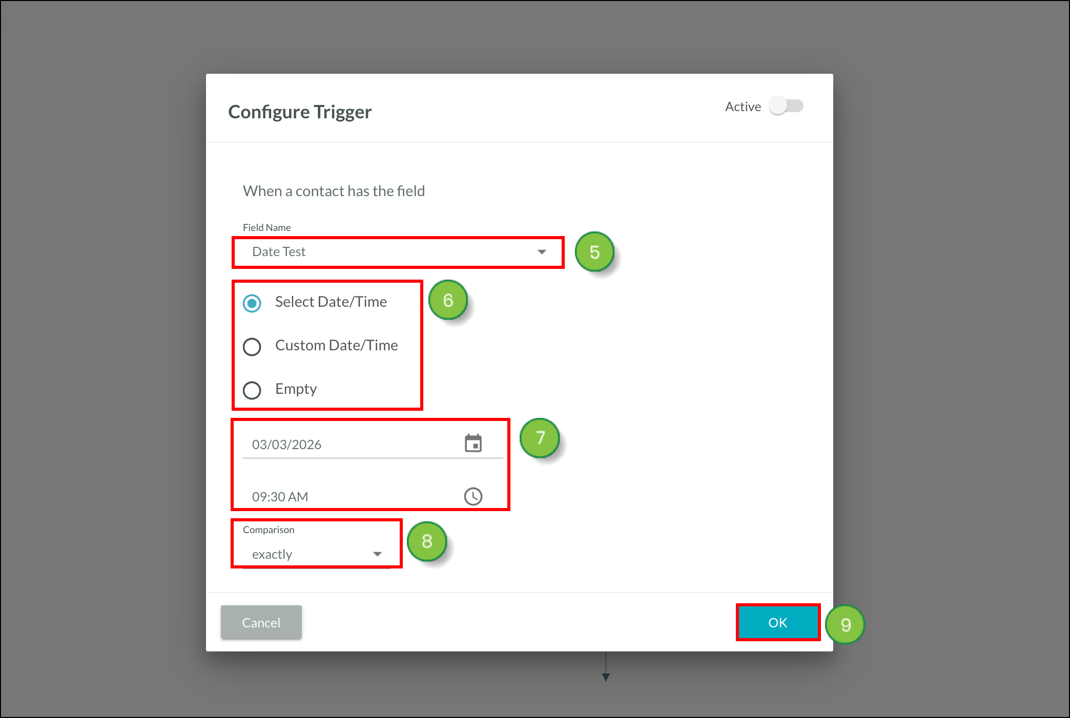 Date and time fields - blue ok button