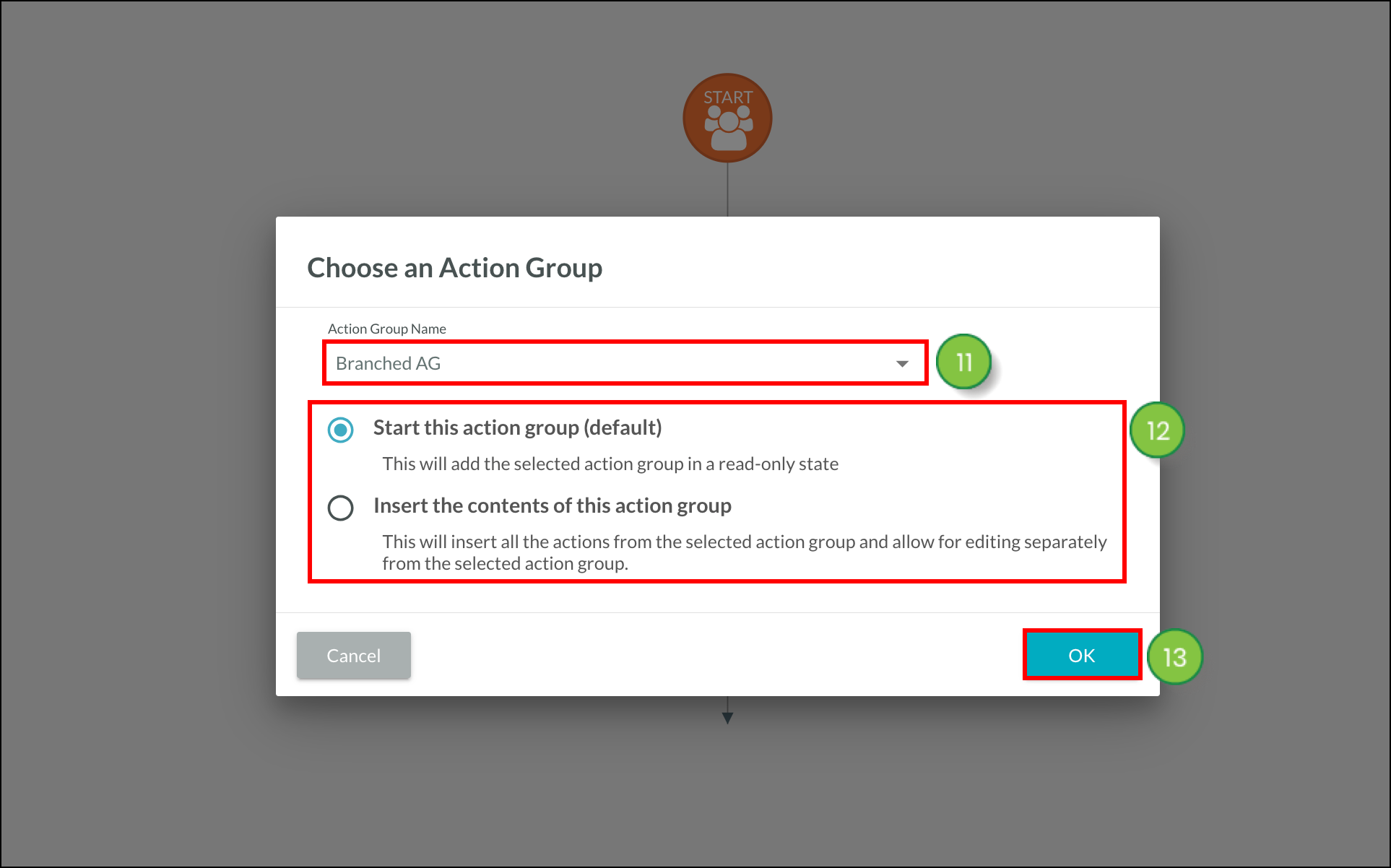 Time based action fields and blue OK button