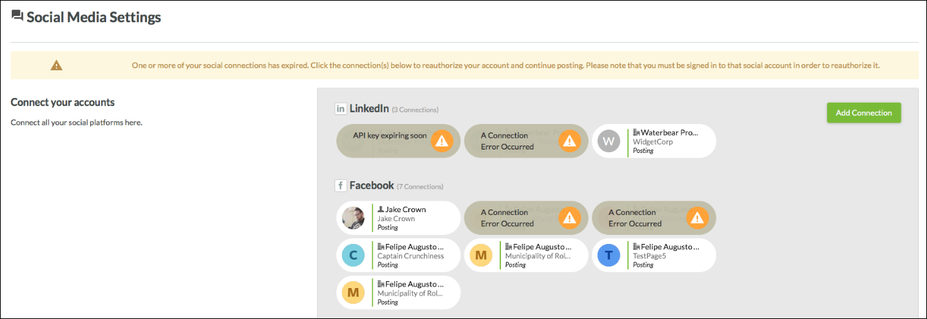 Social account connection expiring