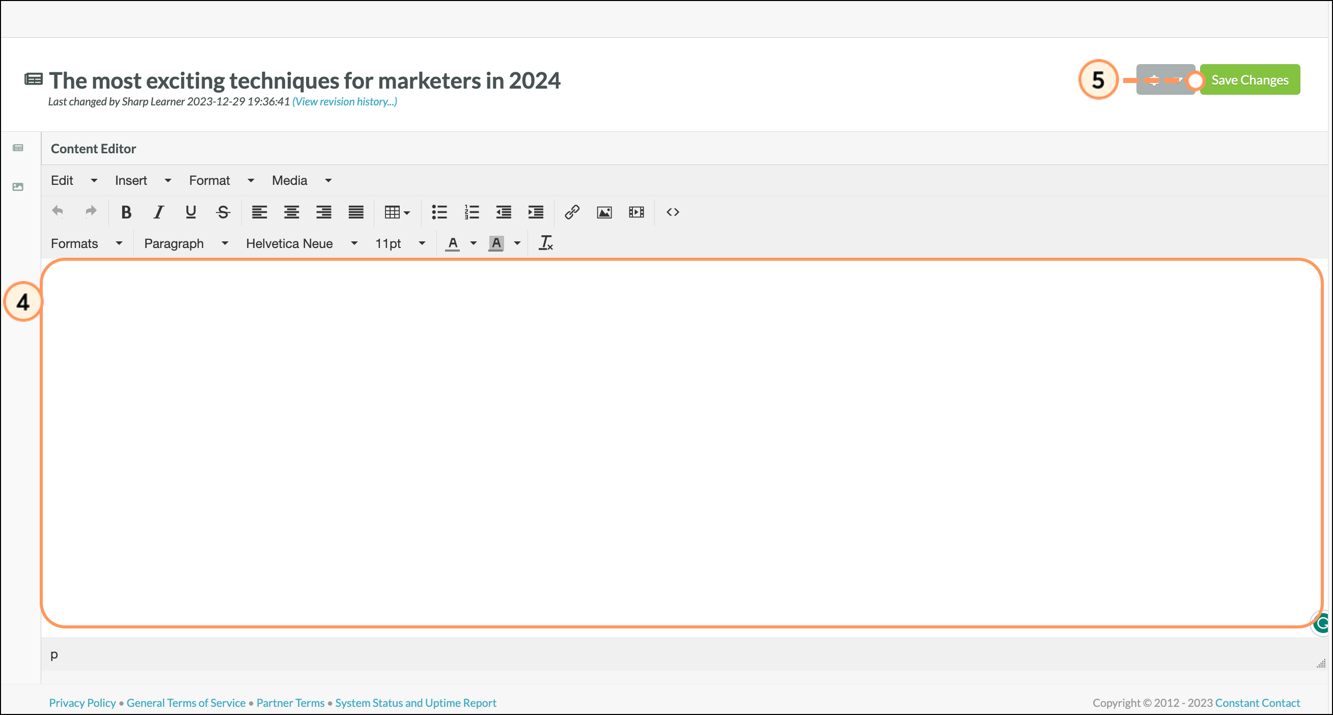 Type your article and click the blue Save Changes button