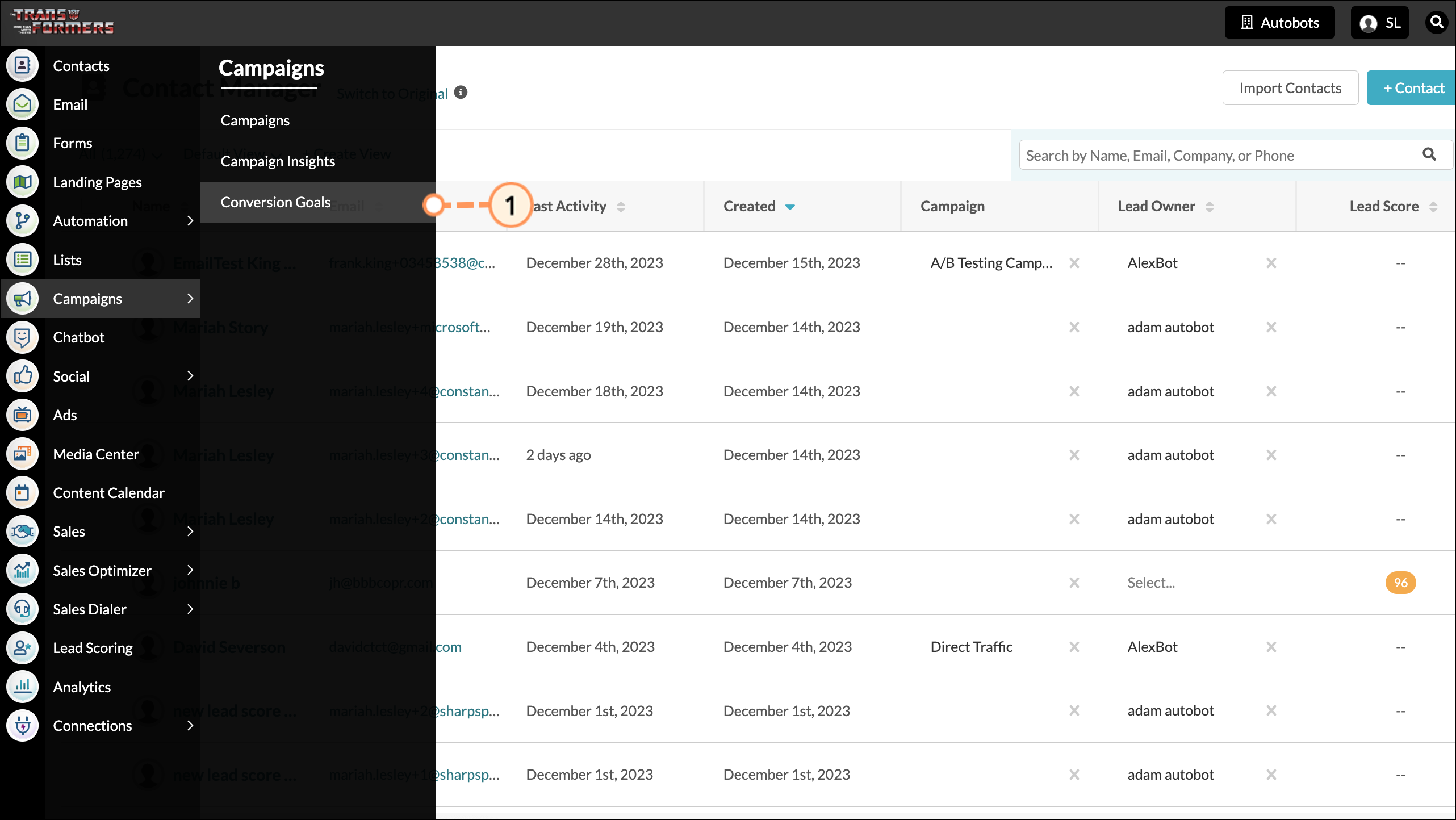 Click Campaigns > Conversion Goals
