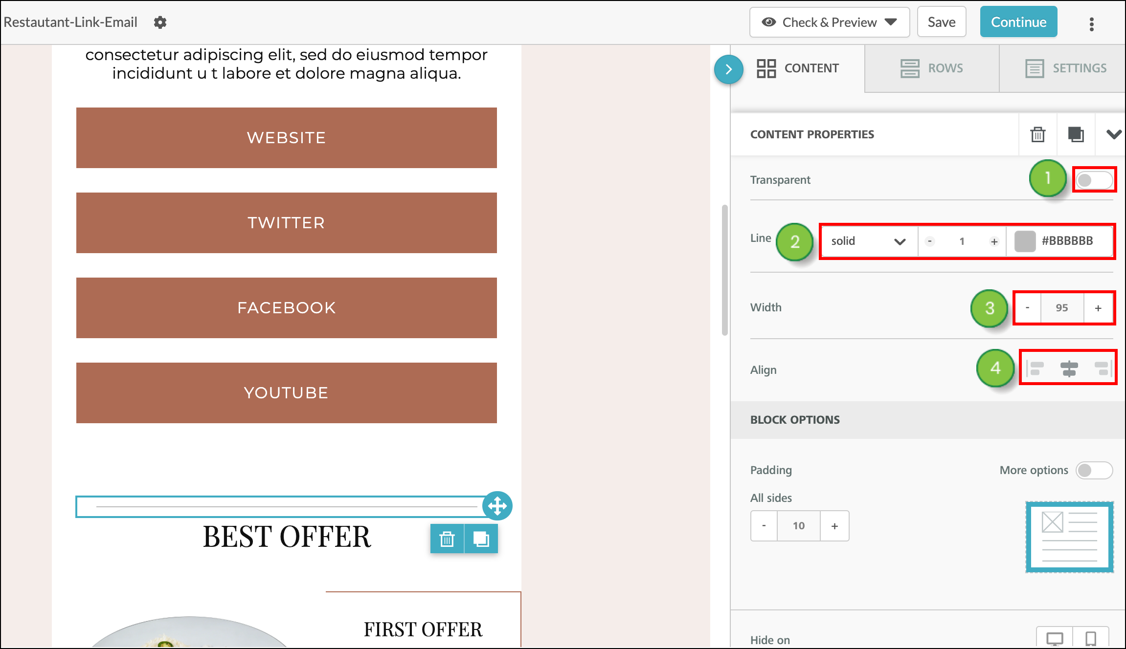 Click the Divider to open Content Properties Window