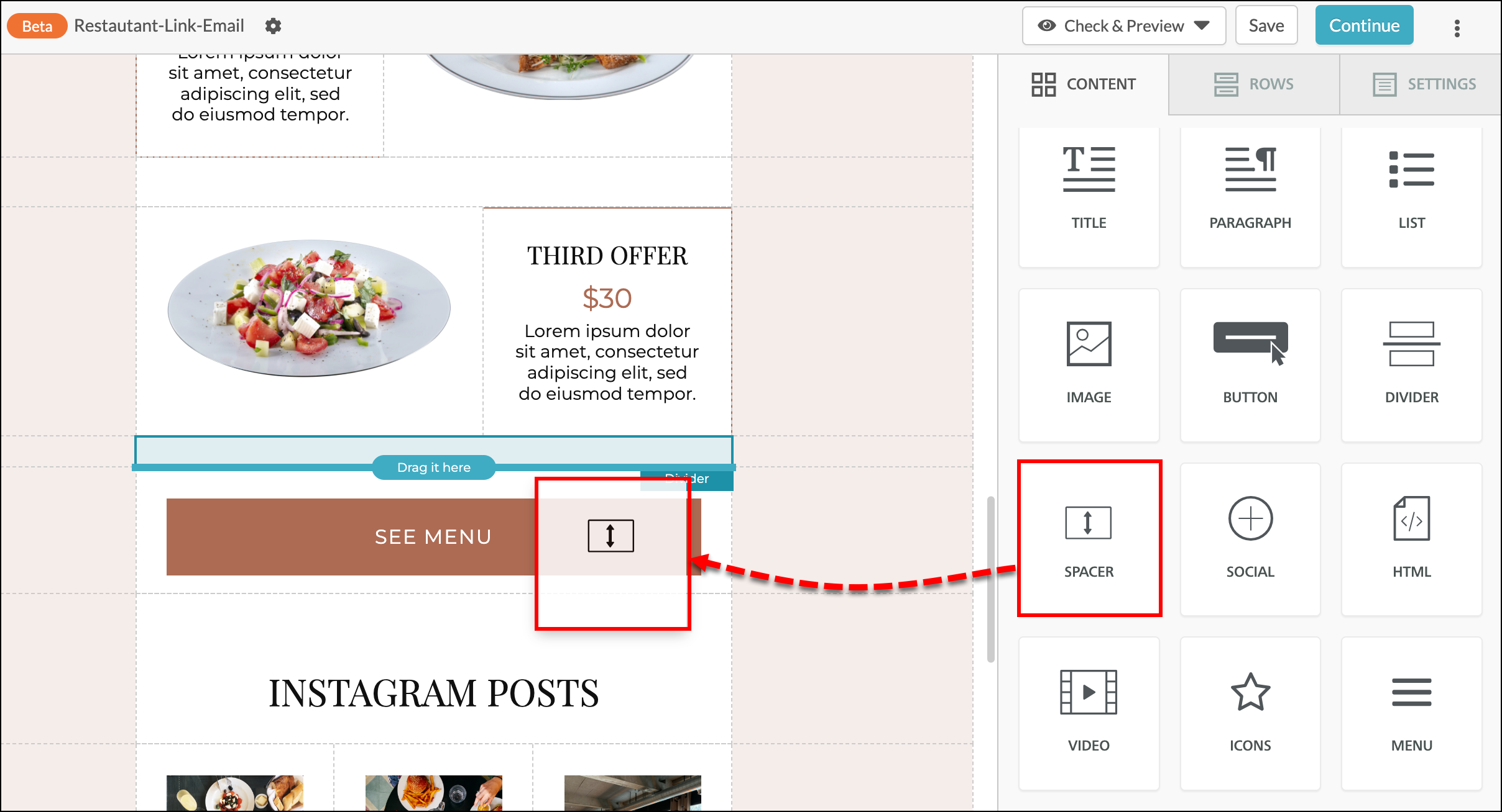 Drag Space Element into your Email