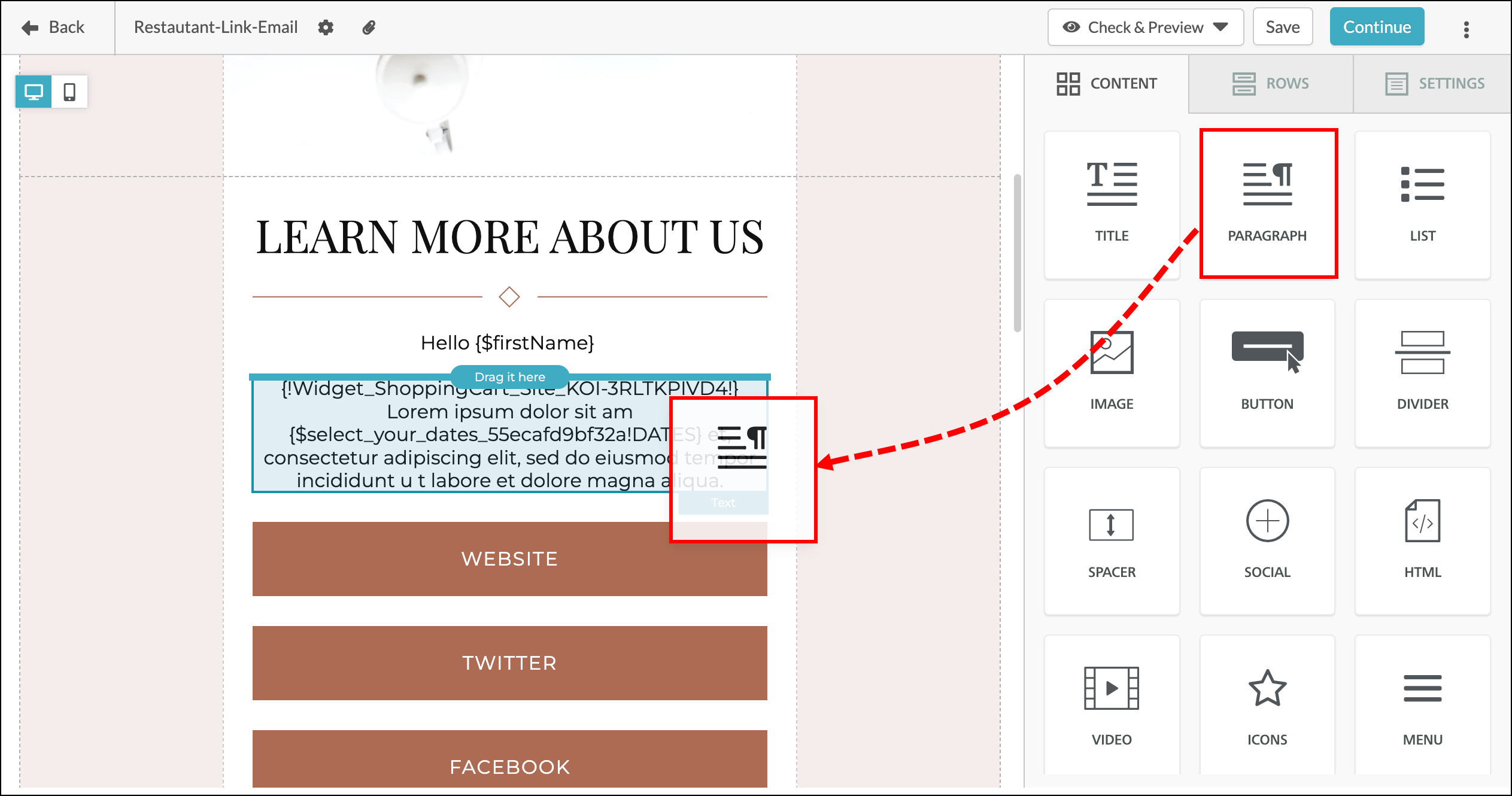 Drag paragraph block into the email