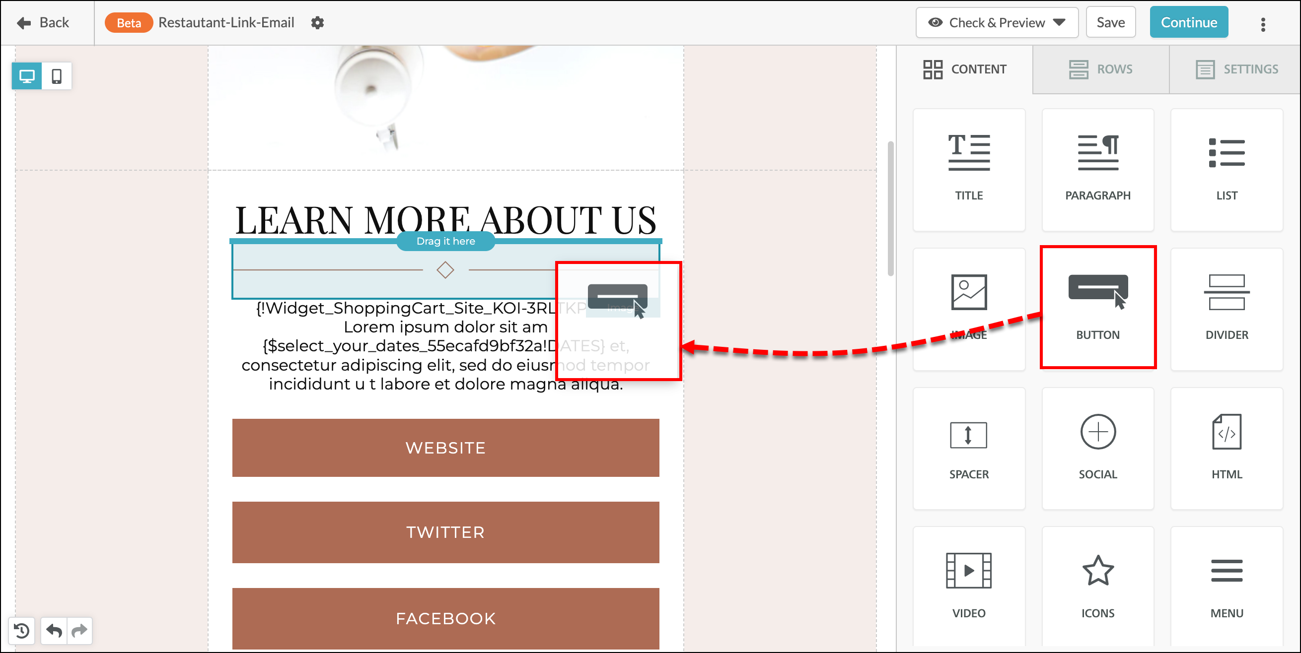 Drag and drop button element into emails