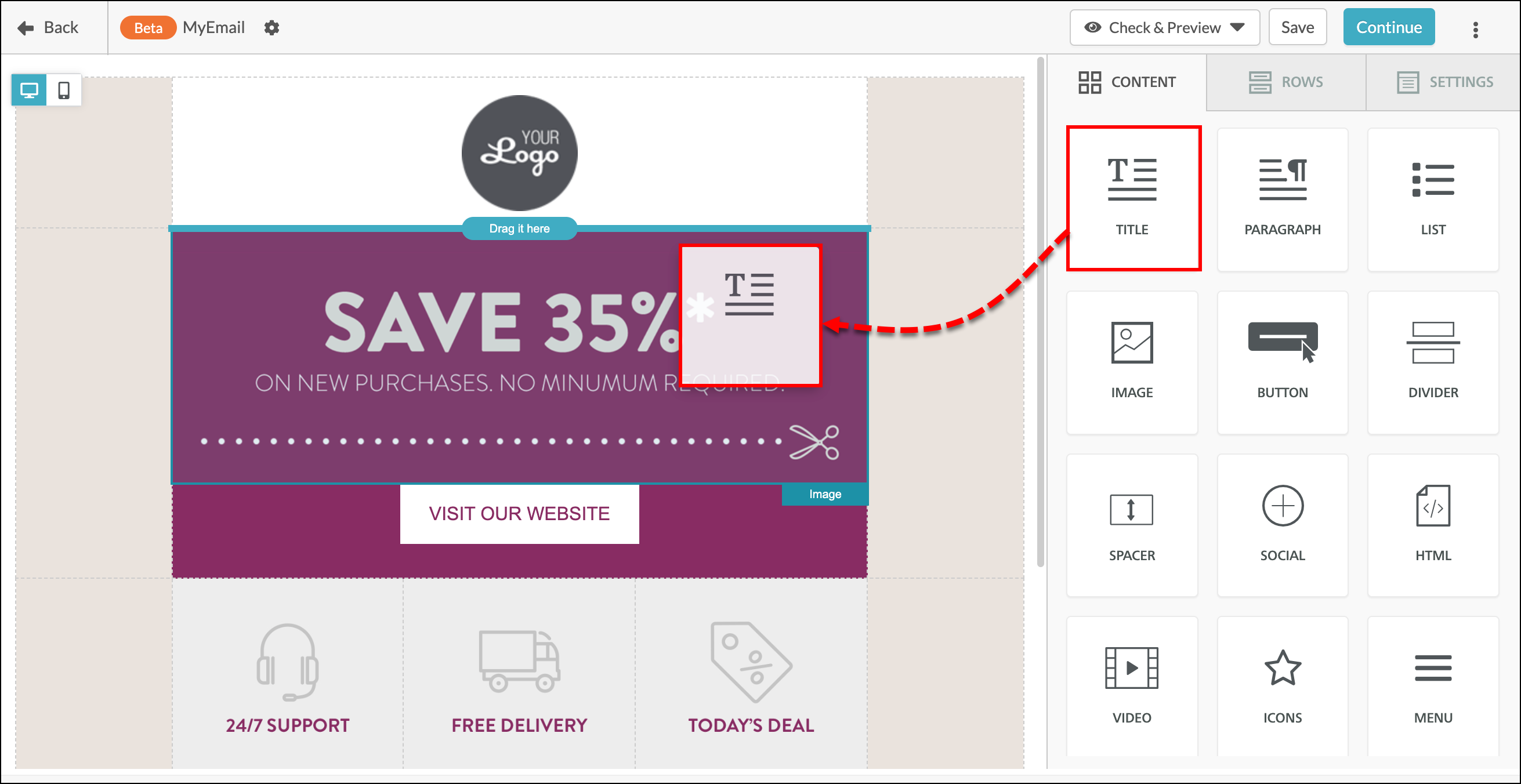 Drag and drop text elements into emails