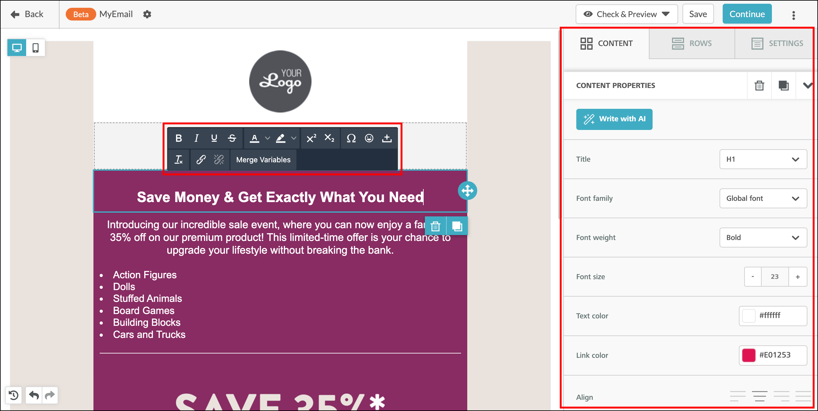 Click into the element for edit options