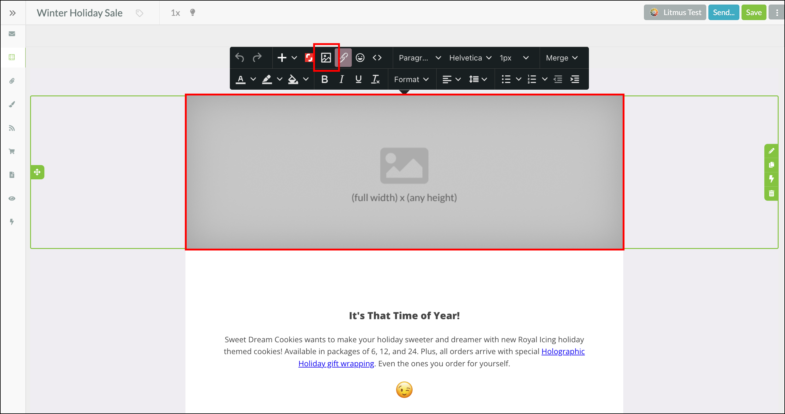 Click the picture icon in the Email Designer bar