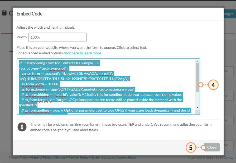 Copy form embed code
