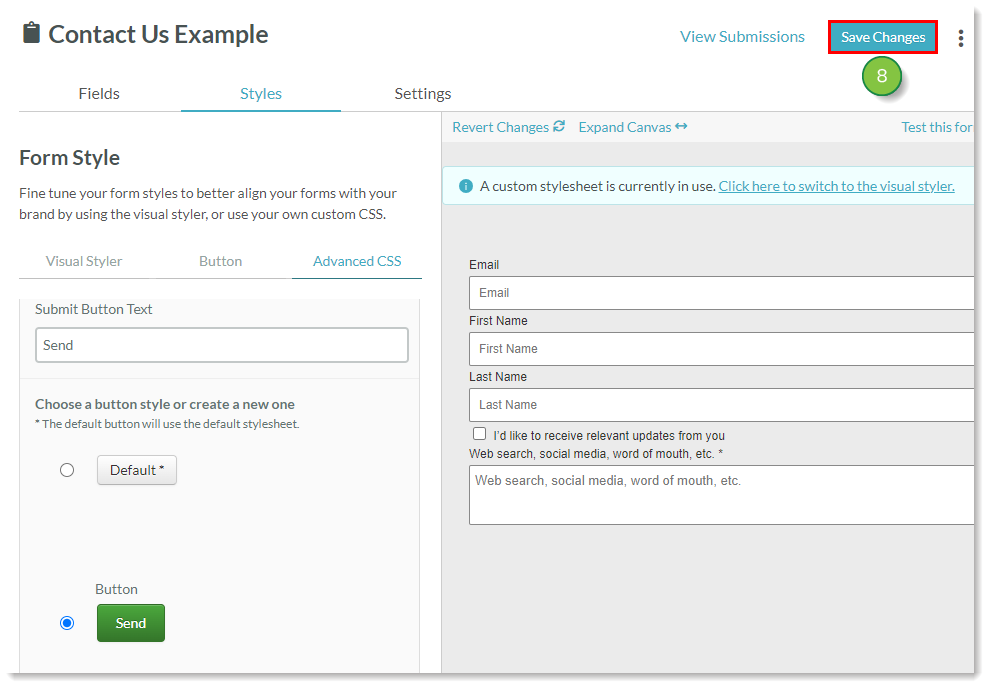 Select custom button and save form