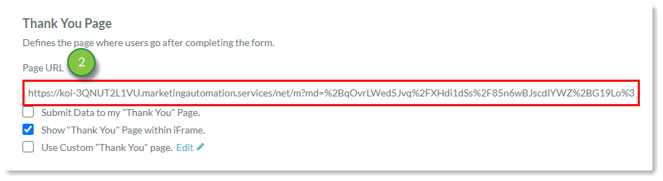 Form Settings Thank you page URL