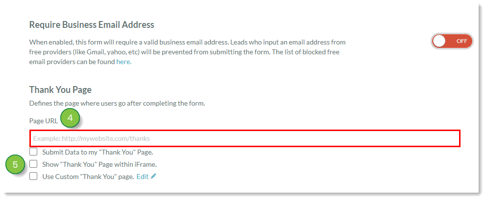 Form Settings Thank you page URL