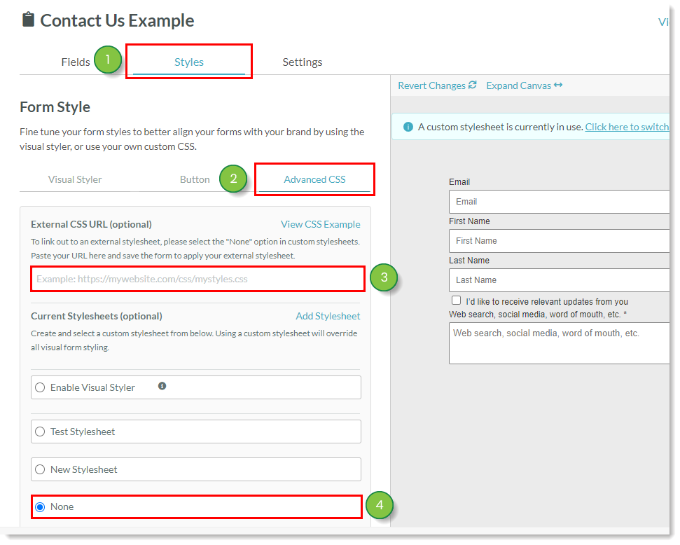 Paste external CSS URL and select None for current stylesheet