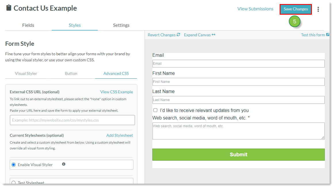 Visual Styler Enabled Save Form