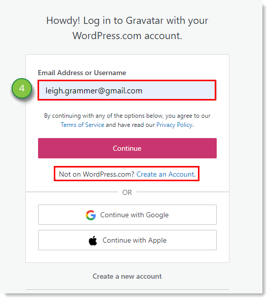 Sign in to Wordpress or Create account