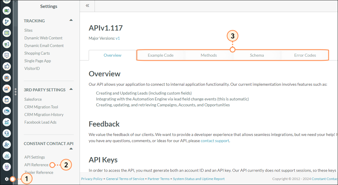 API Reference Settings Page