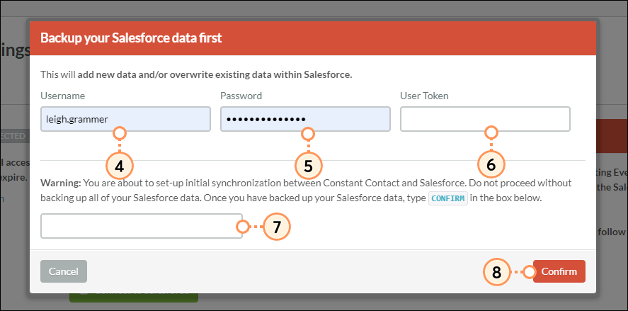 Enter Salesforce Username, password, and token