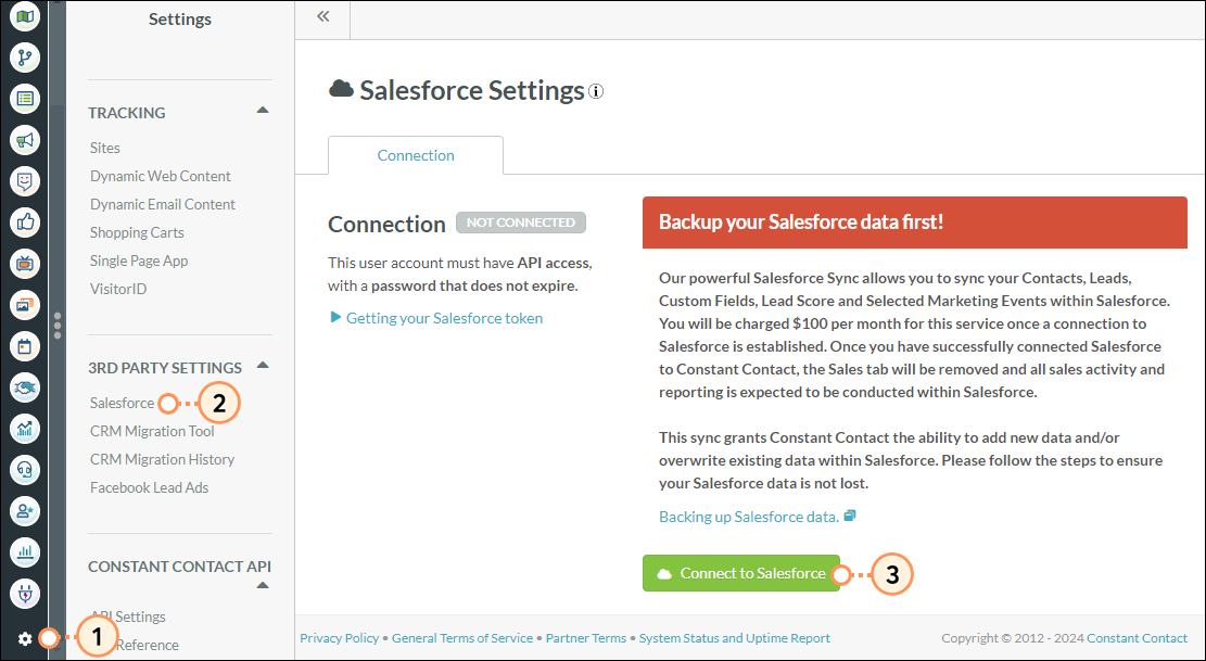 Settings Page Connect to Salesforce