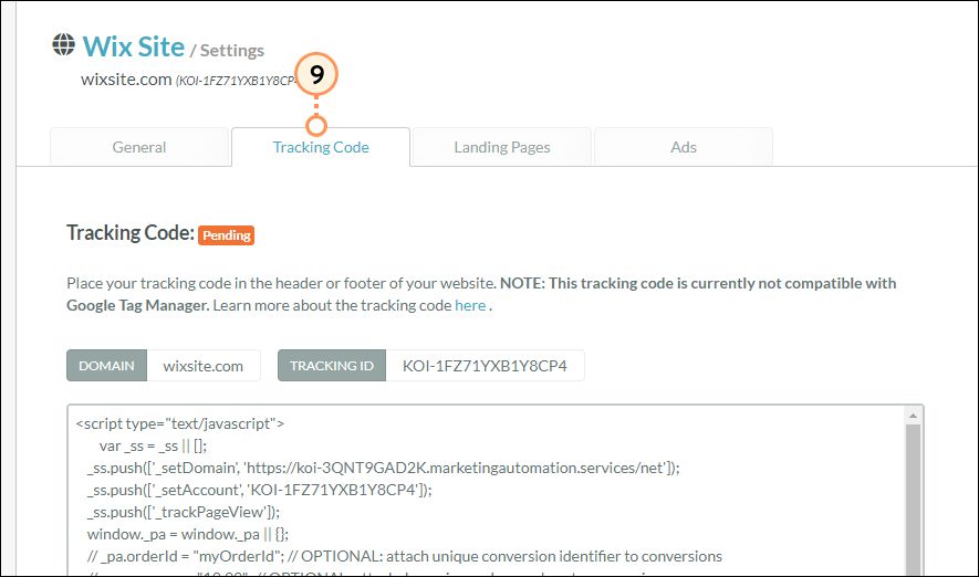 Tracking code tab for site