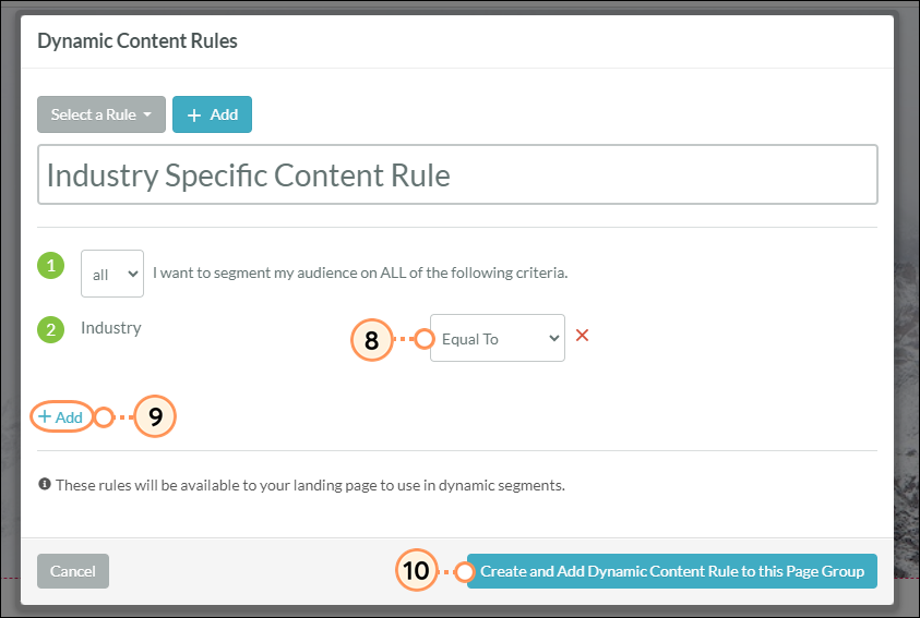 Enter criteria for new dynamic content rule